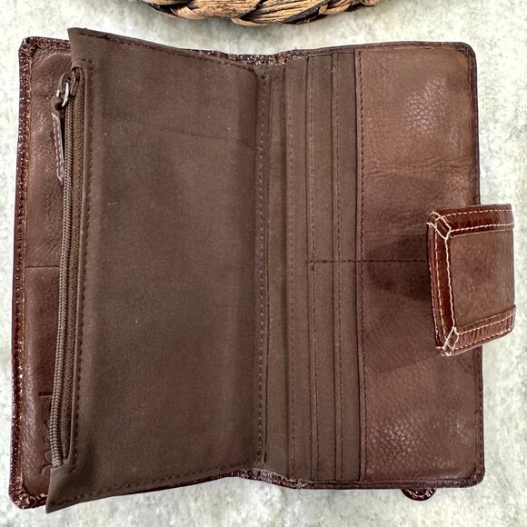 Fossil Brown Retro Boho Diagonal Suede & Leather & Patent Clutch Wallet VGUC - Picture 3 of 14